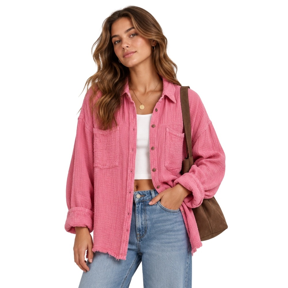 Free People Gauze Cotton Oversized Button Down Shirt Womens XS Pink Pockets